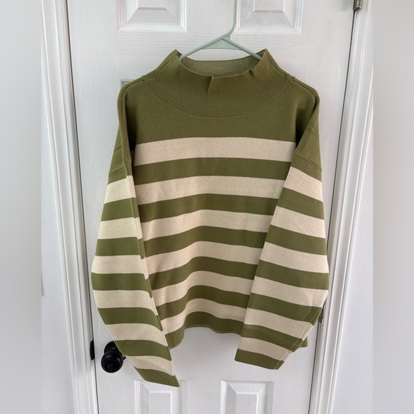 Maeve Sweaters - Anthropologie Maeve Carys Mock Neck Green and Cream Striped Sweater
